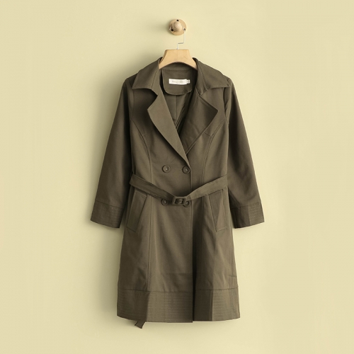 v-neck ladies loose long coat double with  botton ,pocket and belt light outer long jacket