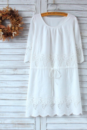 Three quarter sleeve embroidery natural dress for woman
