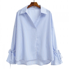 long sleeve shirt rubber in blouse with ribbon for ladies