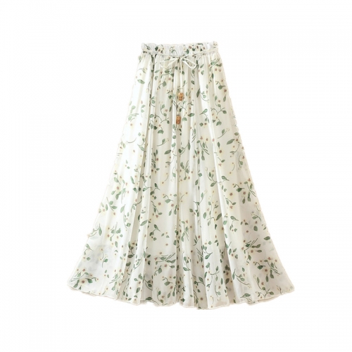Flowered dress long print rubber skirt with ribbon ladies long dress